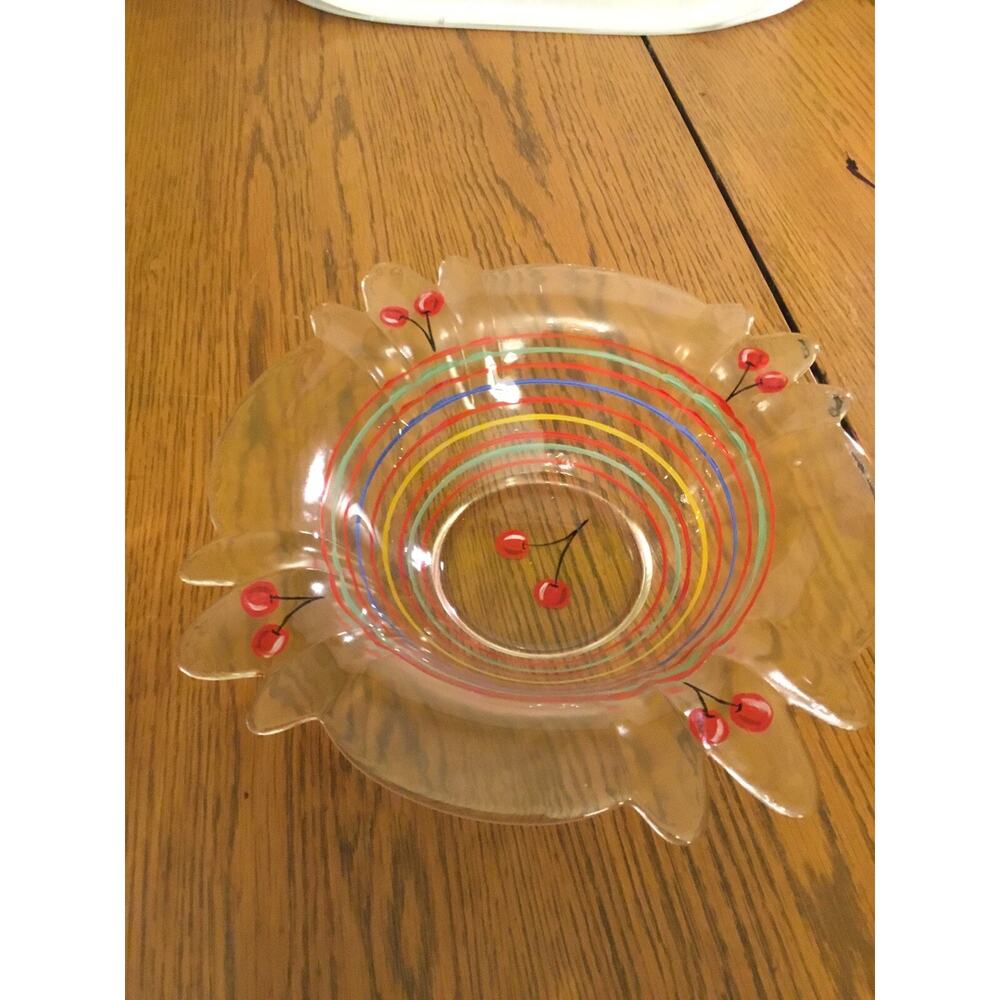 MCM Rainbow Striped Hand Painted/Clear Glass/Scalloped Edges Bowl w/Cherries